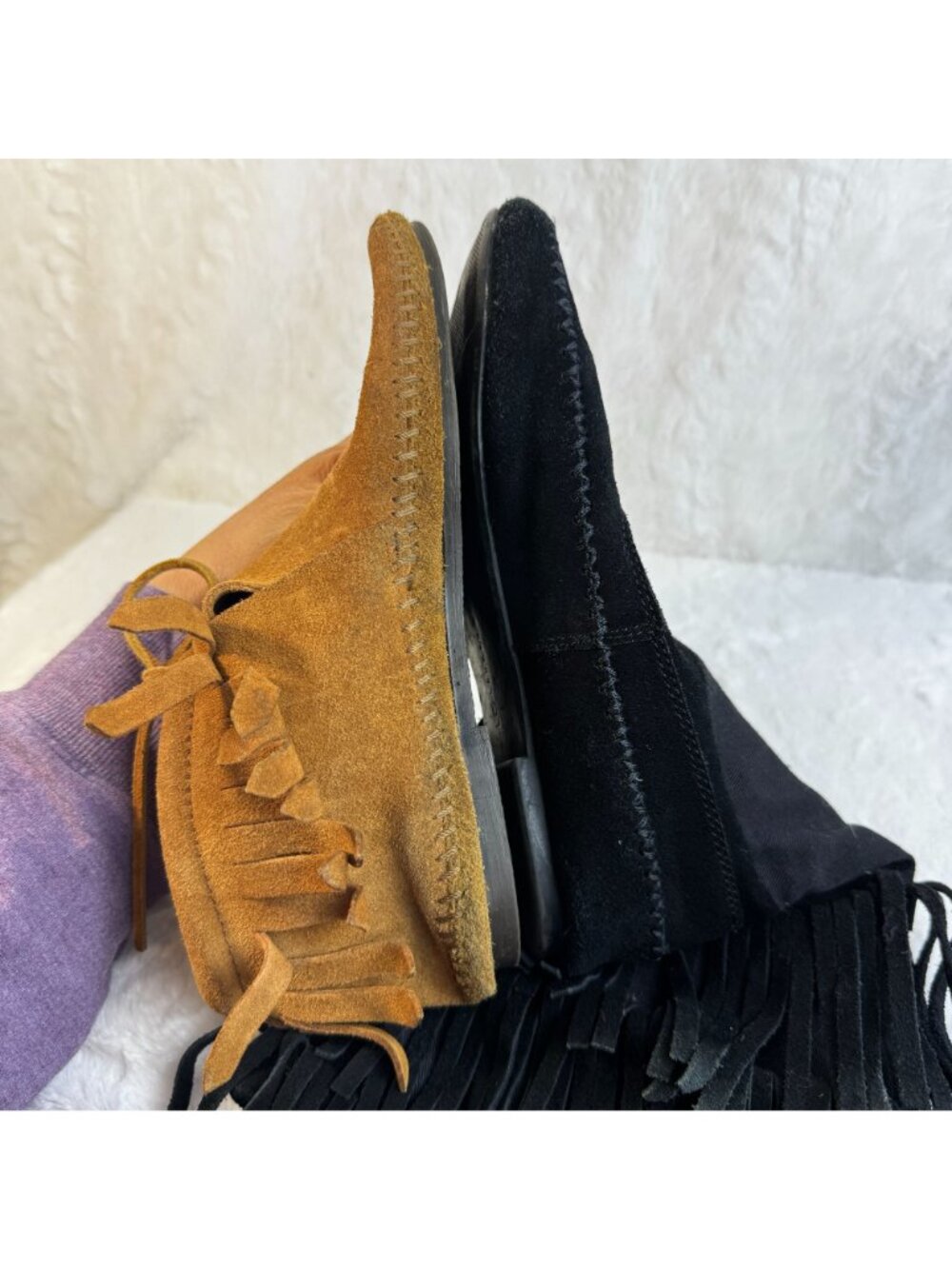 LC Lauren Conrad Thia Black Suede 3 Tier Fringe MidCalf Moccasin Boots Women 6M - Picture 13 of 14